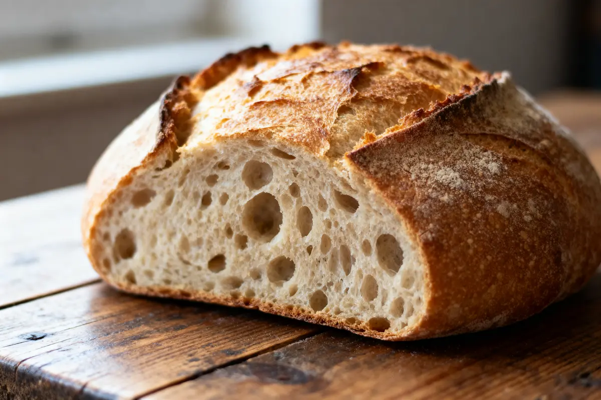 Pain au levain artisanal sur table en bois, croûte dorée et mie aérée.