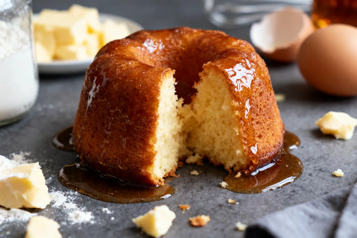 Gâteau au sirop, part enlevée, avec beurre, farine et œufs en arrière-plan.