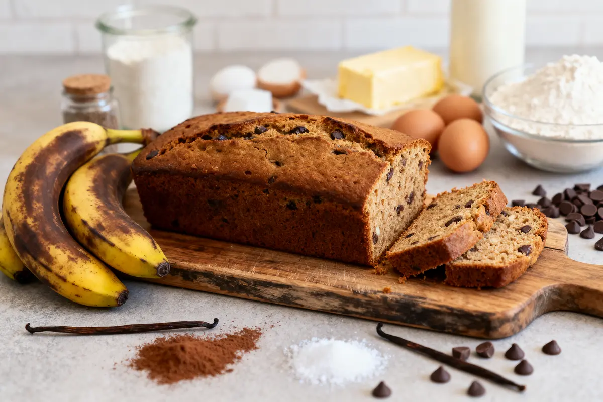 Pain aux bananes et pépites de chocolat sur planche, avec ingrédients de cuisine environnants.