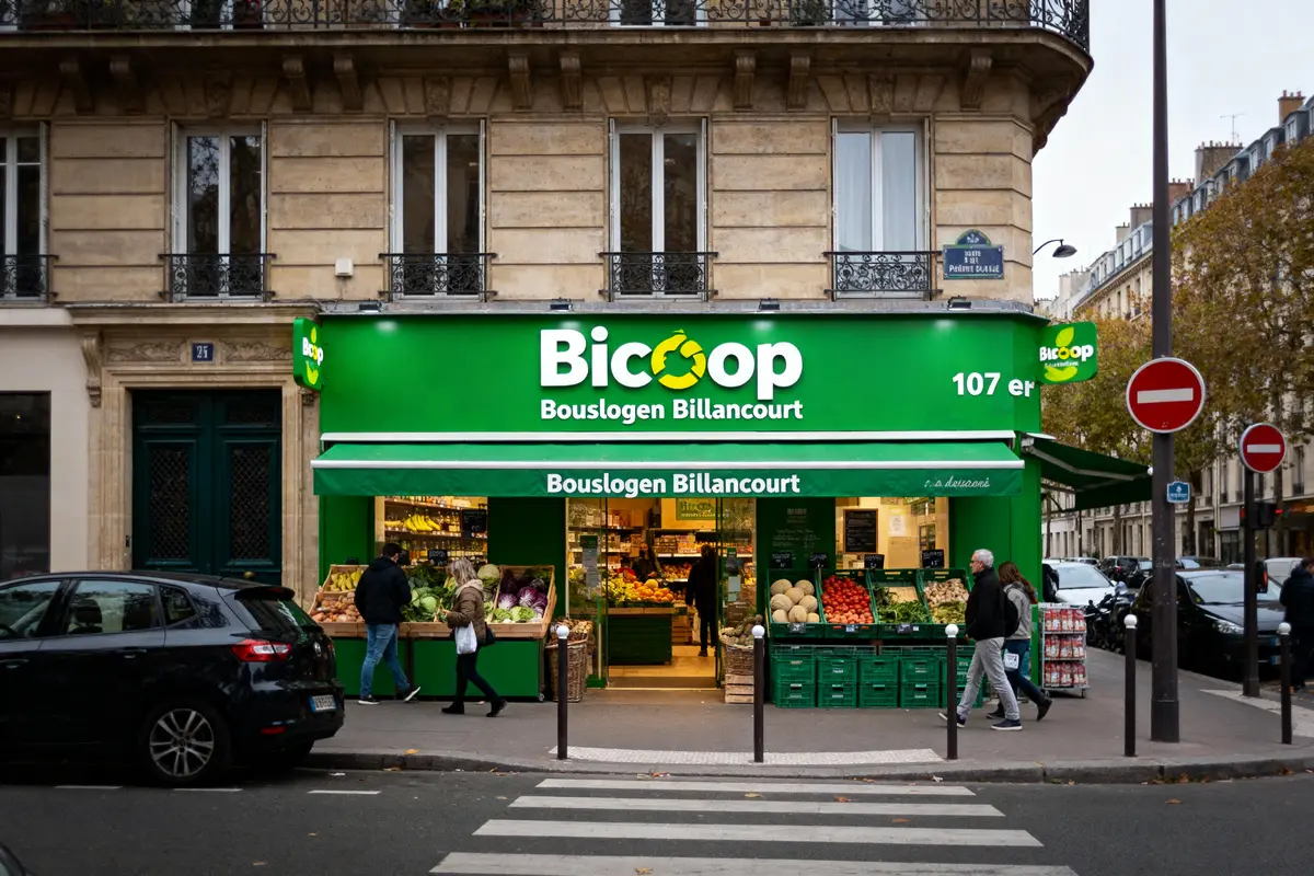 Façade de magasin Biocoop, Boulangerie Billancourt, clients passant devant, fruits exposés, bâtiment parisien.