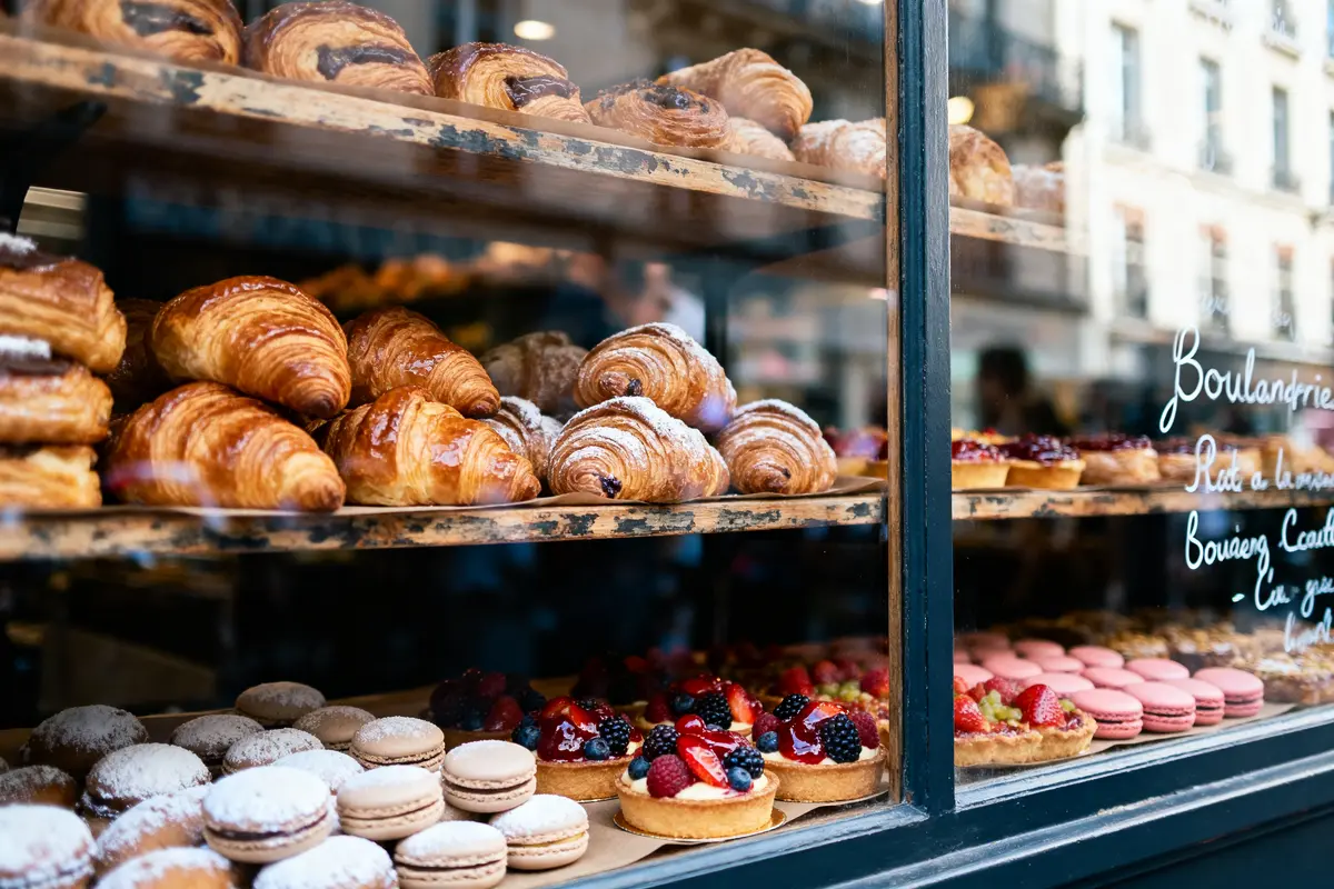 Vitrine de boulangerie avec croissants, macarons et tartelettes aux fruits.