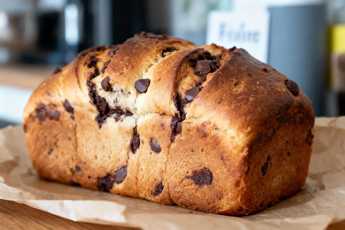 Gâteau marbré moelleux aux pépites de chocolat sur papier cuisson, en gros plan dans une cuisine.
