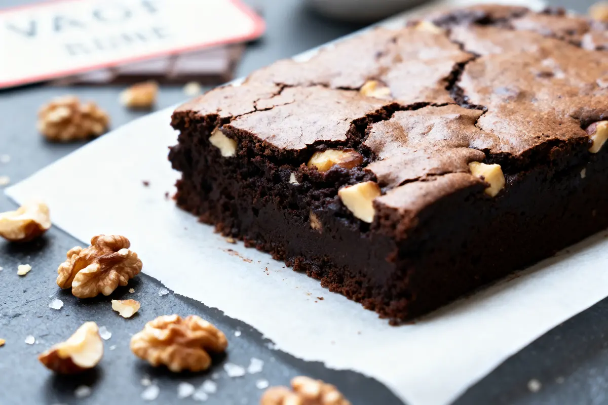 Gros plan d'un gâteau au chocolat avec des noix, sur une table en ardoise.