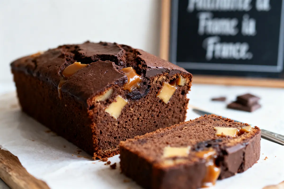 Cake au chocolat avec morceaux de caramel, tranché sur papier sulfurisé, tableau noir en arrière-plan.