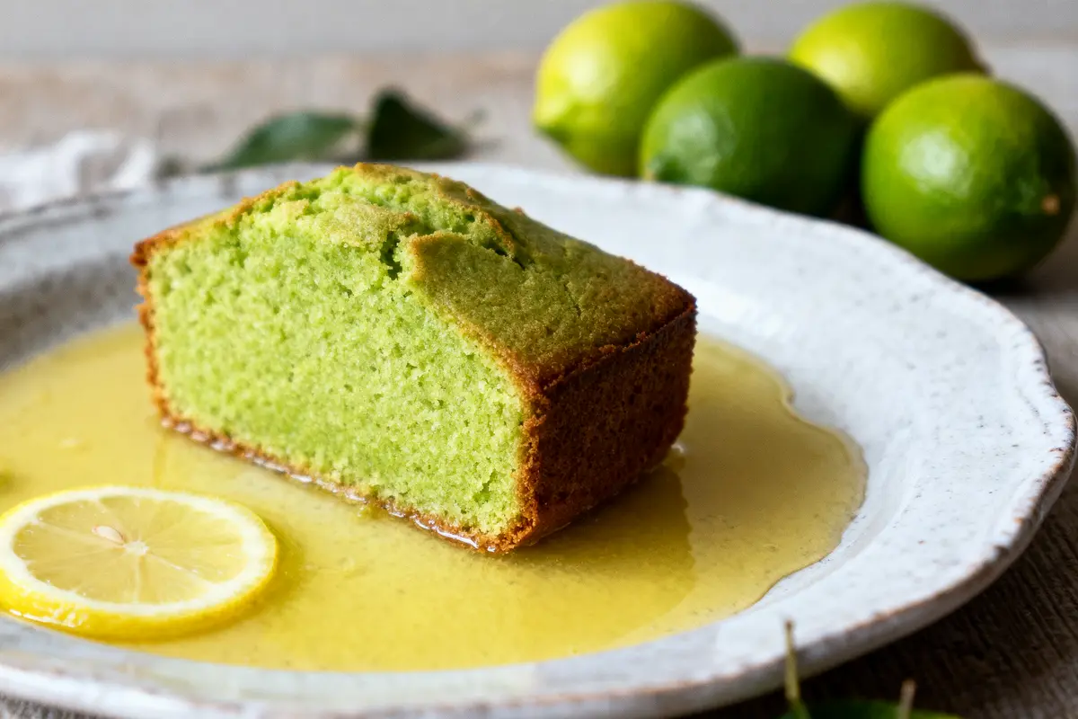 Gâteau vert sur assiette, nappé de sauce citronnée, décoré d'une tranche de citron, citrons en arrière-plan.