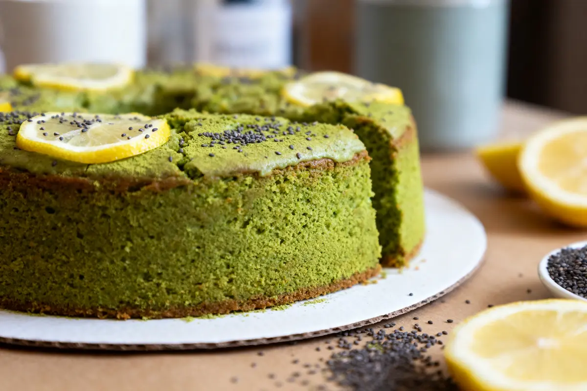 Gâteau vert avec tranches de citron et graines de pavot, part coupée, table en arrière-plan floue.