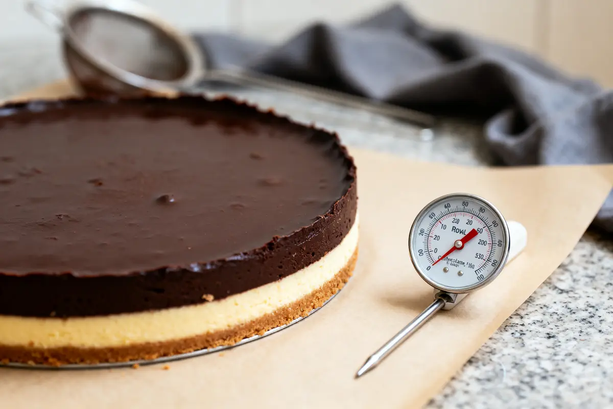 Gâteau au chocolat avec thermomètre, sur papier cuisson, nappe et passoire en arrière-plan.