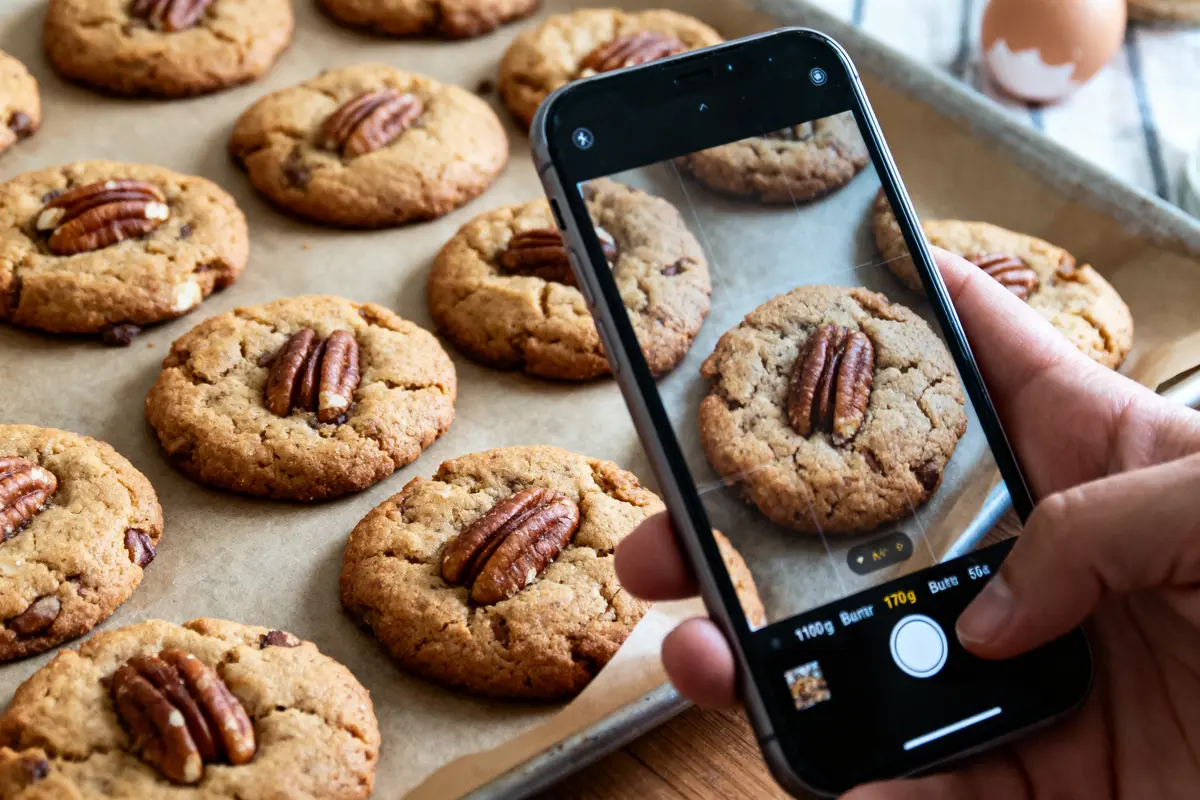 Main photographiant des cookies aux noix de pécan sur une plaque de cuisson.
