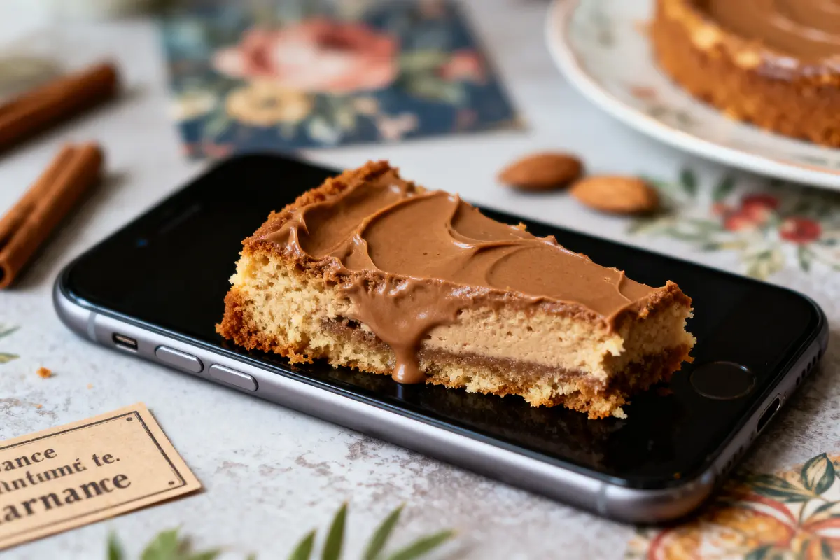 Tranche de gâteau à la crème au chocolat posée sur un smartphone noir, table décorée.