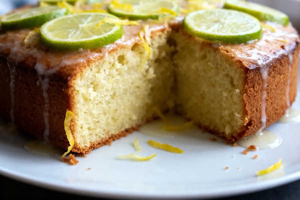 Gâteau au citron avec glaçage, agrémenté de rondelles de citron vert, sur assiette blanche. Part manquante.