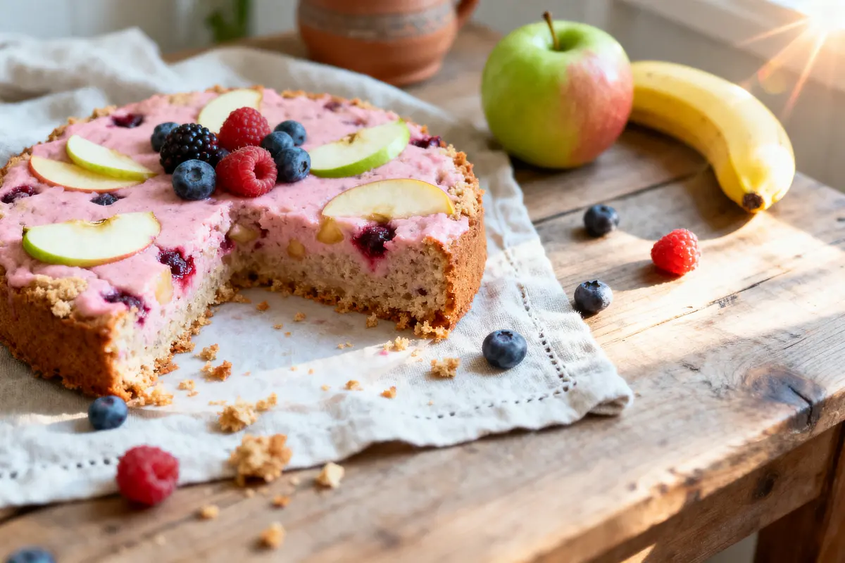 Tarte aux fruits colorée avec tranches de pomme, framboises, myrtilles sur nappe blanche, table en bois.