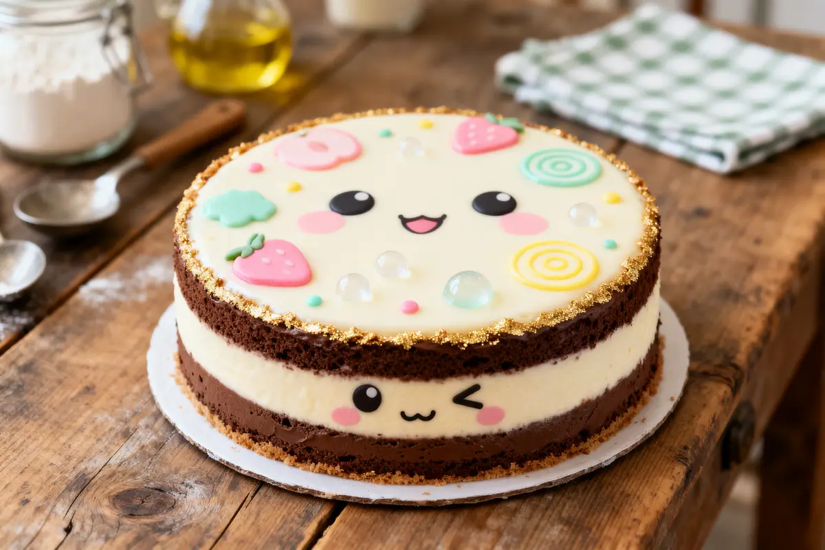 Gâteau kawaii décoré de visages et formes colorées sur une table en bois rustique.