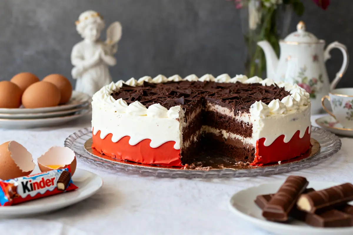 Gâteau chocolat-crème décoré, tranches manquantes, Kinder, œufs et vaisselle sur la table.