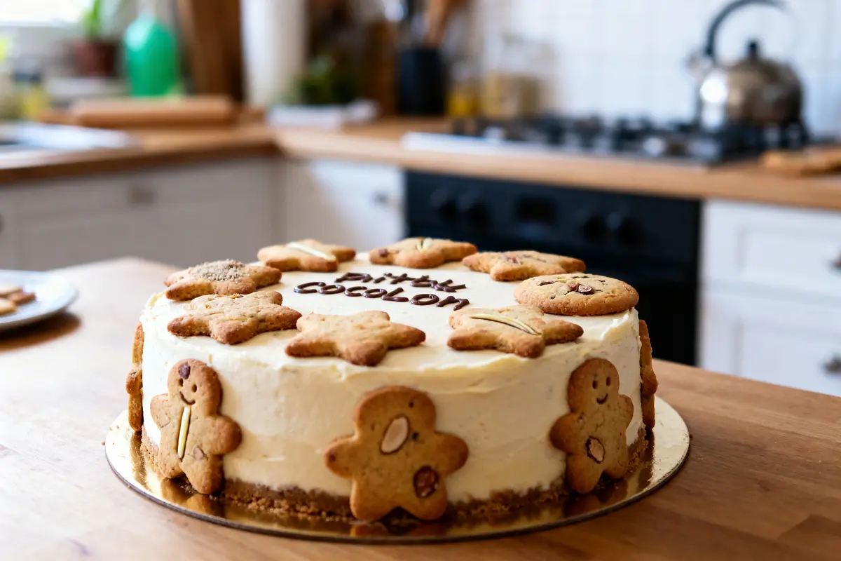 Gâteau décoré de biscuits sablés en forme de bonhommes, sur une table en bois dans une cuisine.