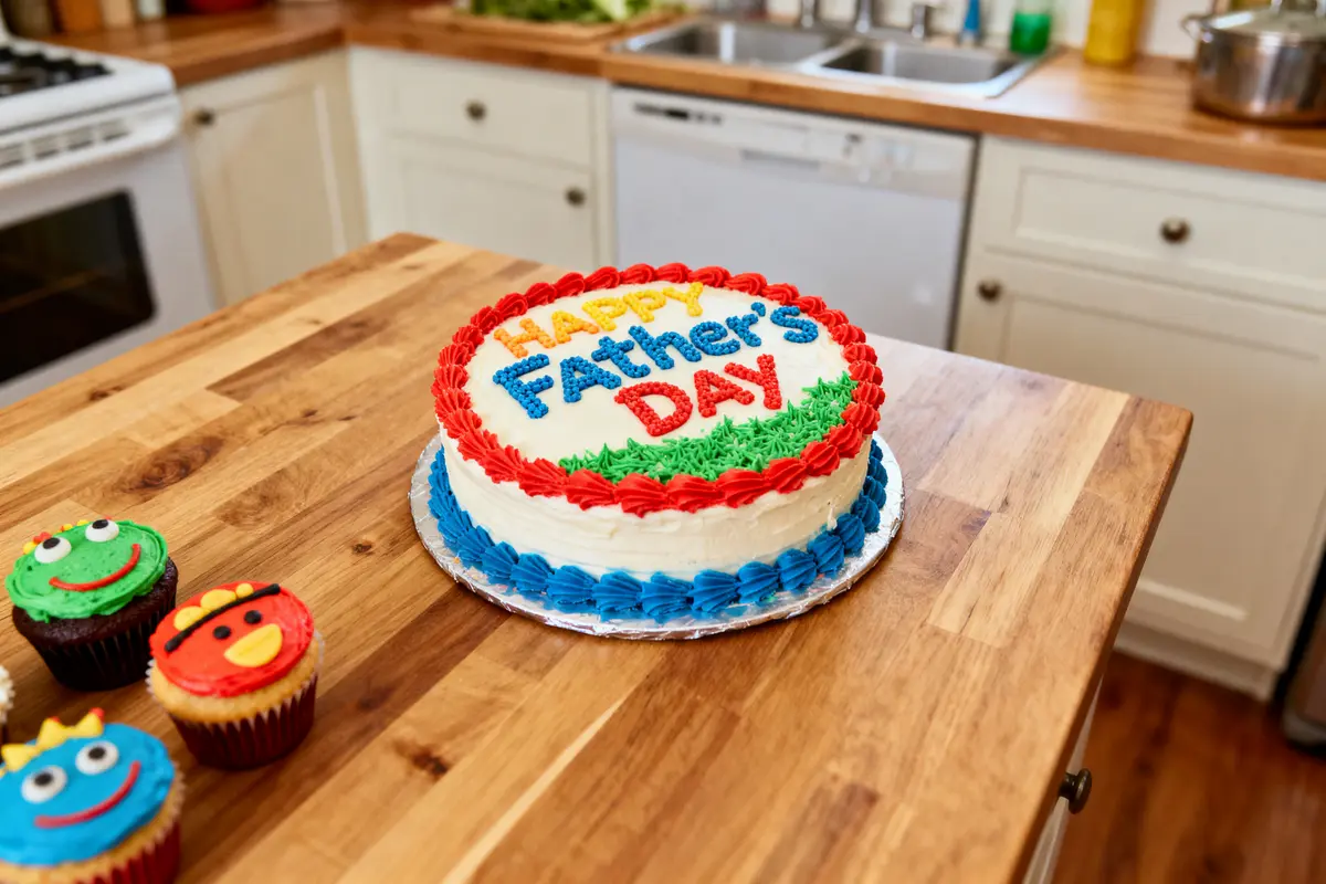 Gâteau "Happy Father's Day" coloré sur table en bois, avec cupcakes décorés à côté.