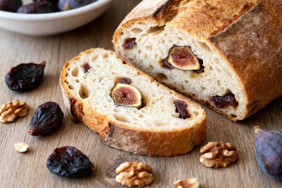 Pain aux figues avec noix sur une table en bois, accompagné de figues séchées.