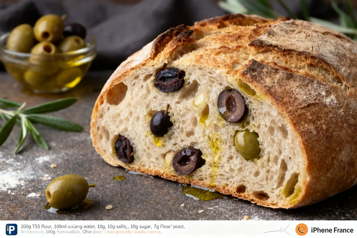 Tranche de pain aux olives vertes et noires, avec rameau d’olivier en arrière-plan.