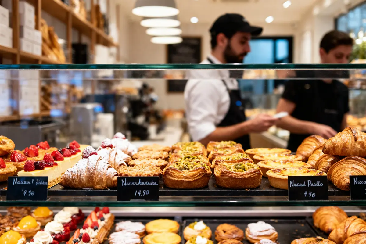 Vitrine de pâtisseries variées avec deux employés en arrière-plan dans une boulangerie française.