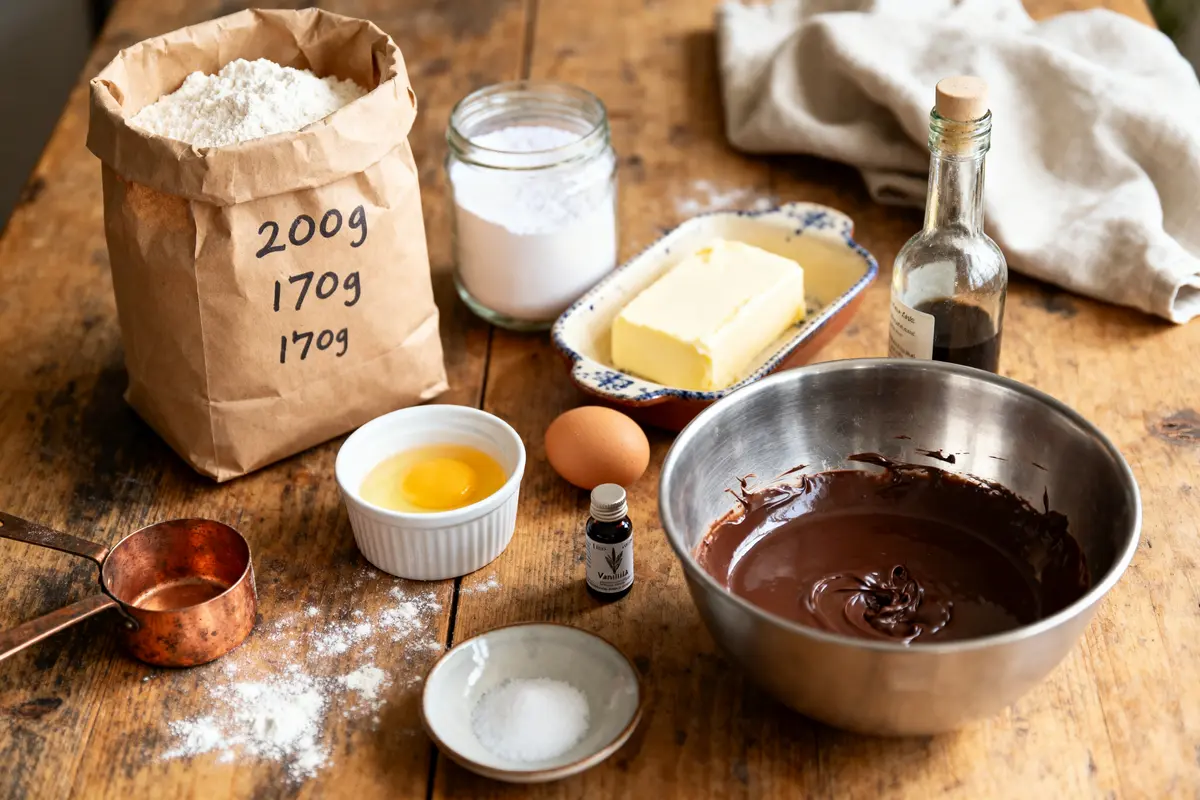 Ingrédients de pâtisserie sur table en bois : farine, œuf, beurre, chocolat fondu, vanille, sucre.