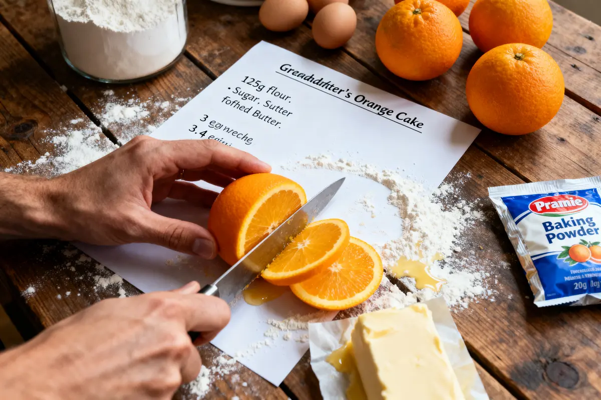 Main coupant des oranges pour gâteau avec ingrédients et recette.