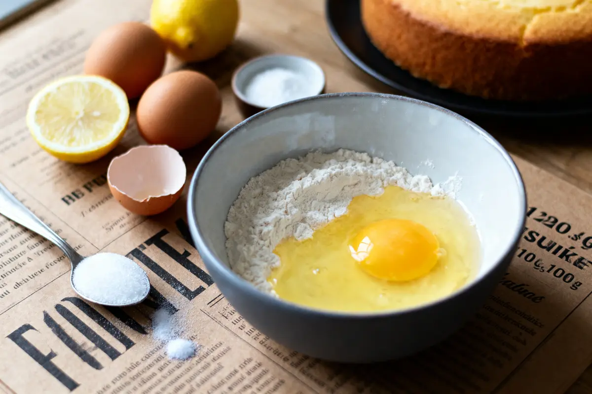 Bol avec œuf et farine, citron, œufs et sucre sur table. Gâteau en arrière-plan.