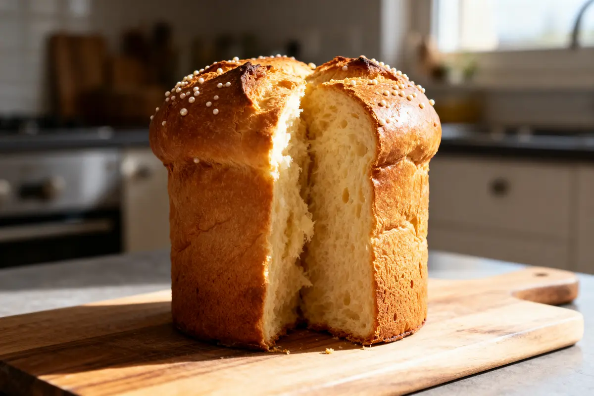 Panettone tranché sur planche en bois, garniture perles blanches, éclairage cuisine.