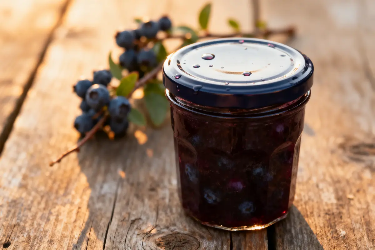 Pot de confiture de myrtilles sur table en bois, avec branche de myrtilles en arrière-plan.