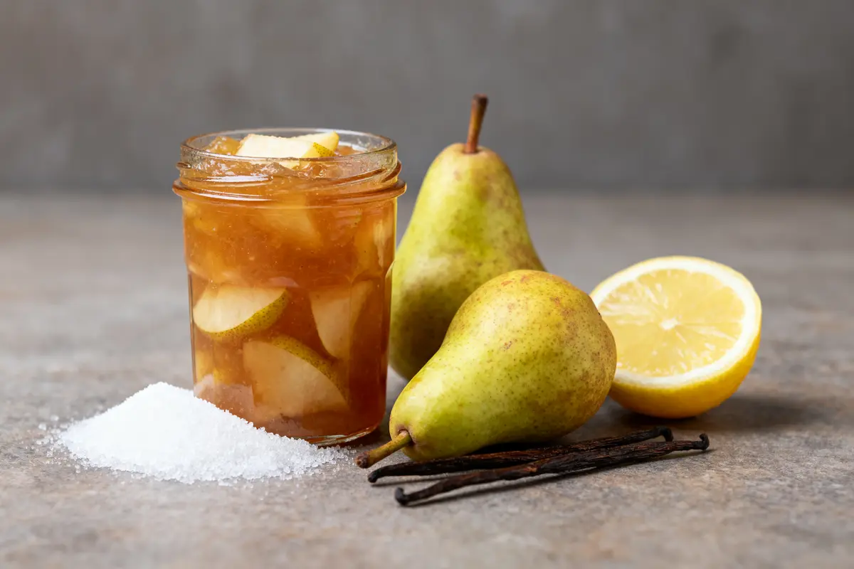 Pot de confiture de poires et vanille, entouré de poires, vanille, citron et sucre sur table en pierre.