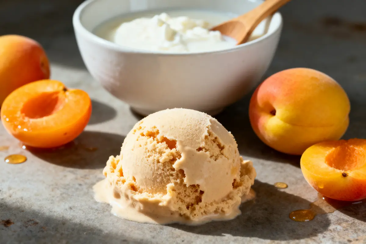 Glace à l'abricot avec yaourt dans un bol, accompagnée d'abricots frais sur une table.