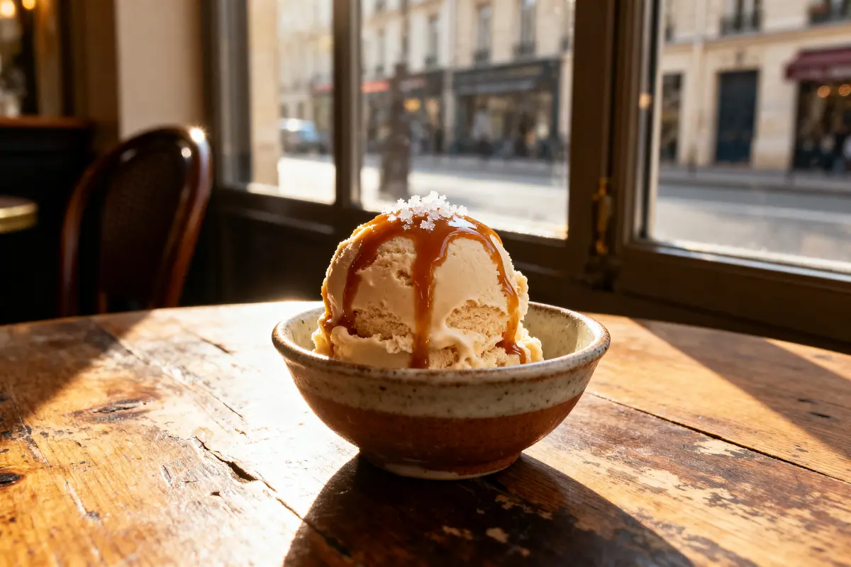 Boule de glace avec caramel et sel dans un bol, sur table en bois illuminée par le soleil.