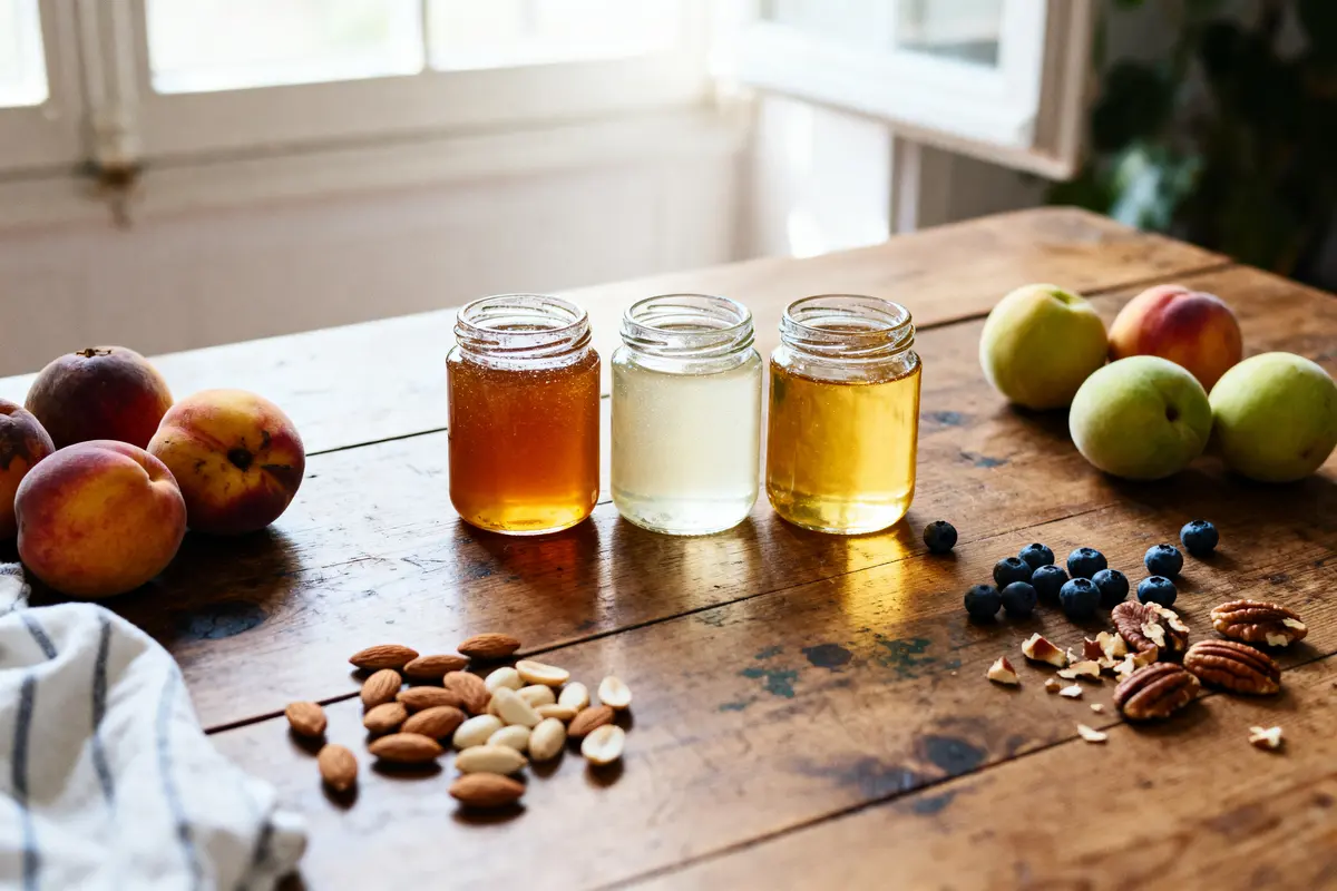 Trois bocaux de miel sur table en bois, entourés de pêches, amandes, myrtilles et noix.